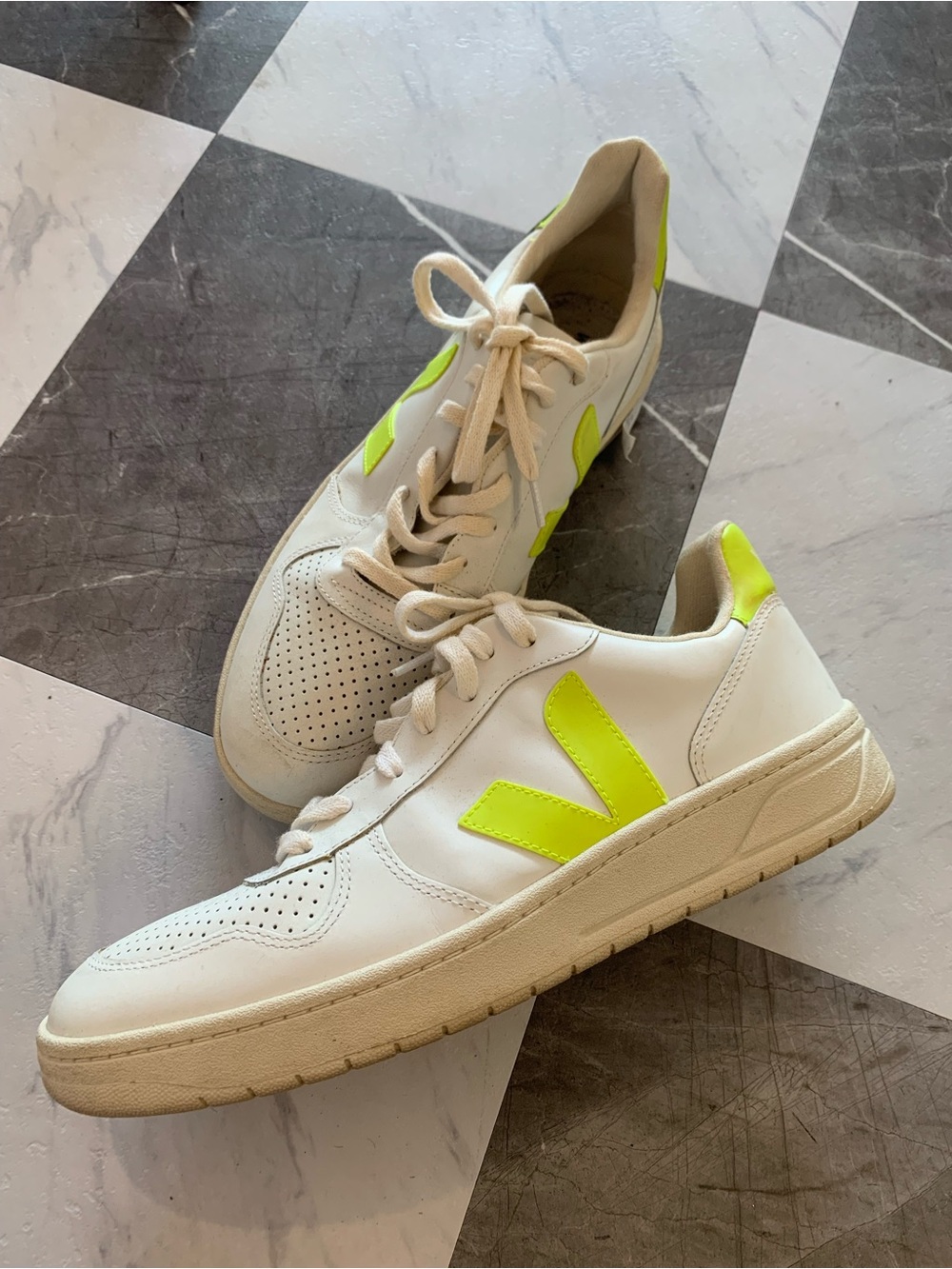 Veja Men's White Sneakers with Neon Yellow Accents